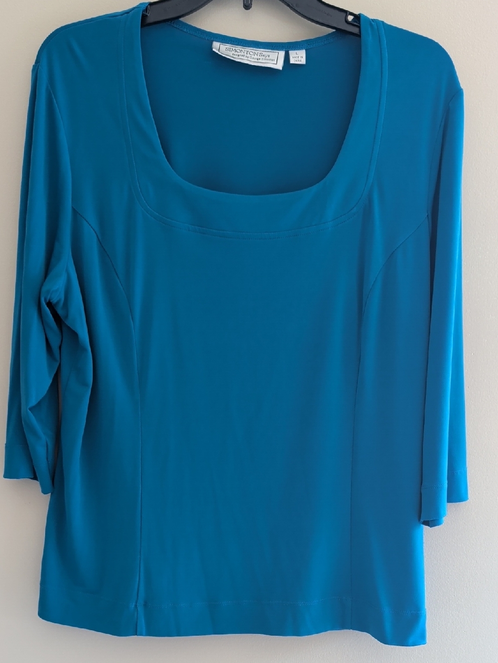 Simonton Says Blue Liquid Knit Top Women’s Size L Square Neck 3/4 Sleeve